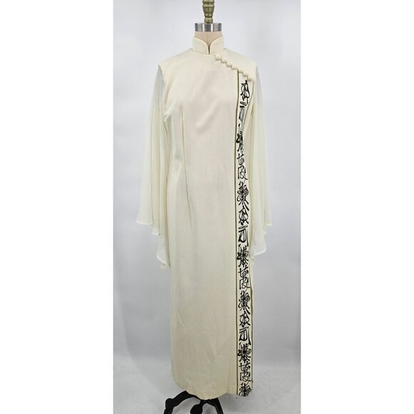 VTG Alfred Shaheen Maxi Dress Womens 10 Asian Inspired Sheer Bell Sleeves Slit - Picture 1 of 9